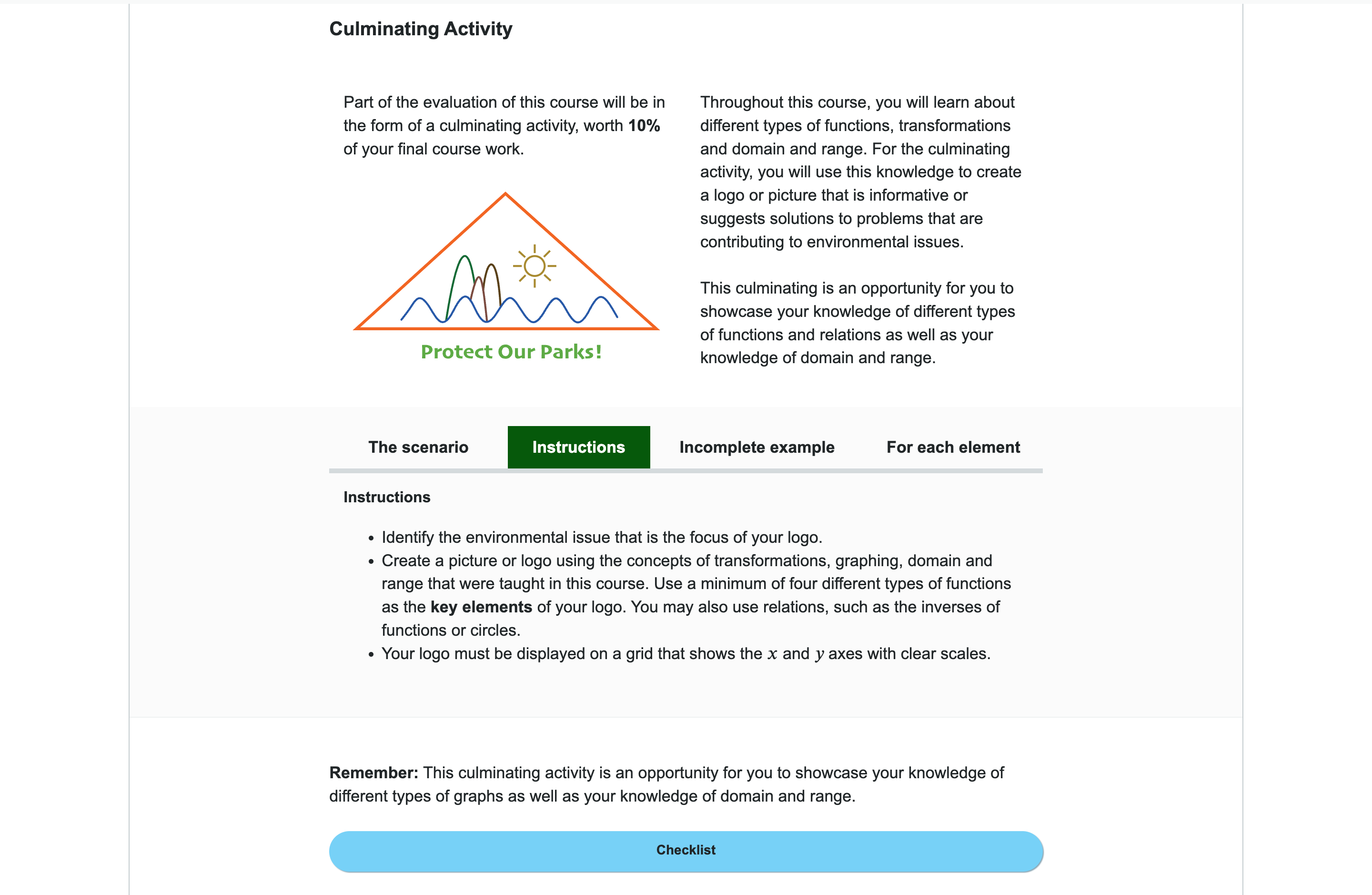 Culminating Activity Part of the evaluation of