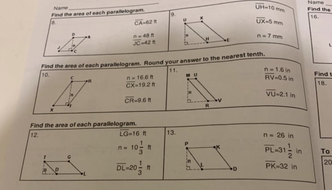 Name Name UH-10 mm Find the area of each