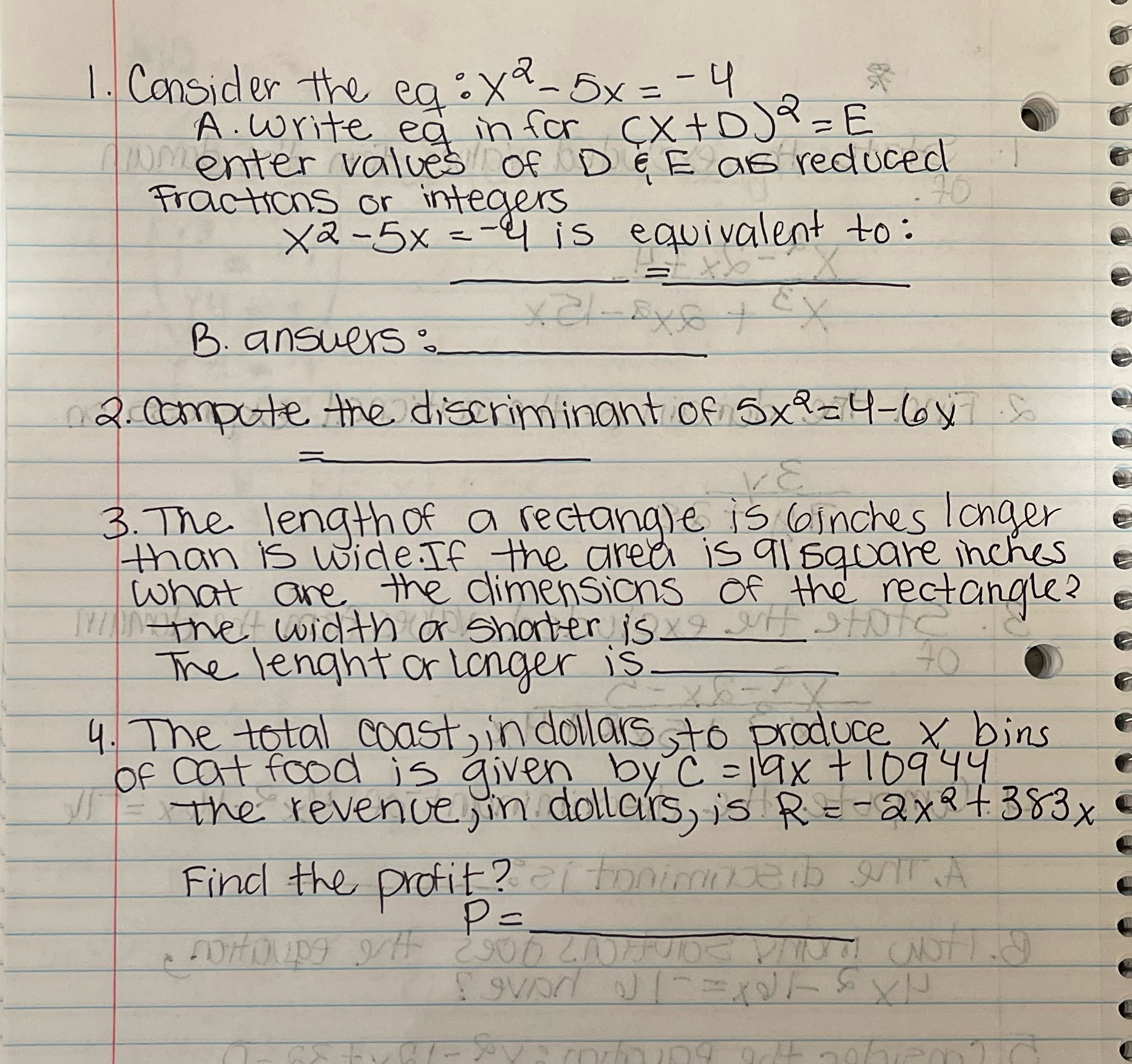 Consider the caixa- 5x = - 4 A . write eq in for