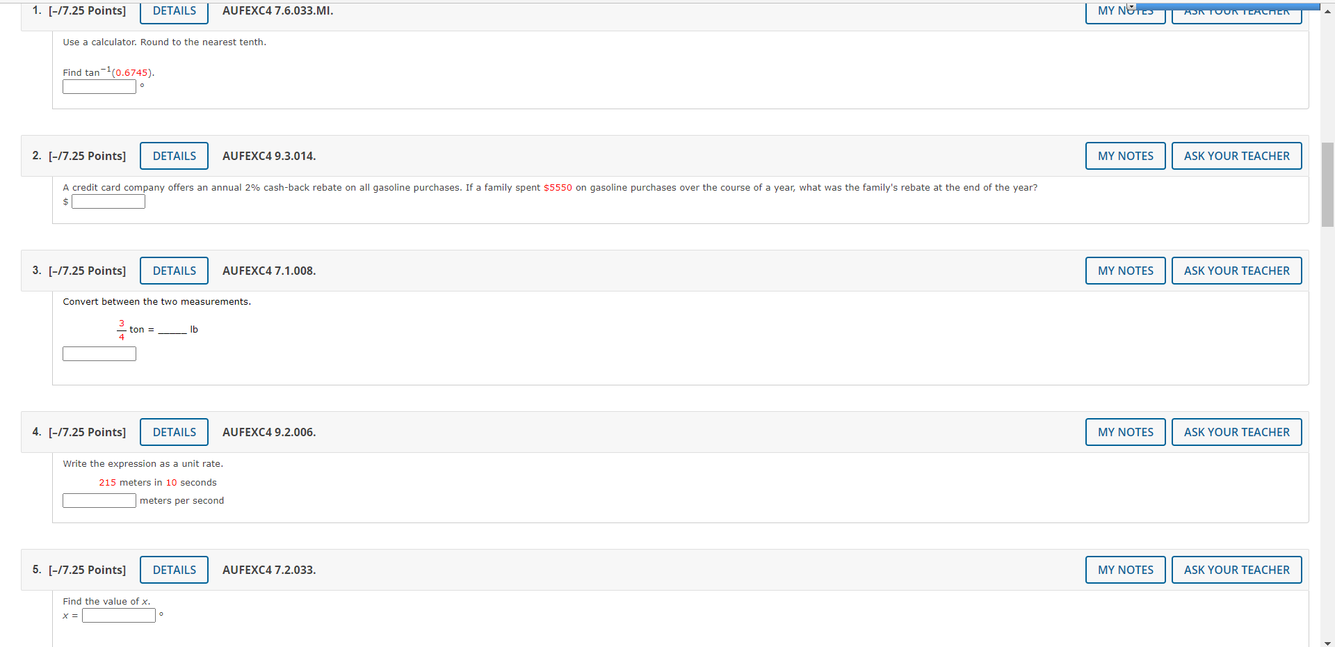 1. [-/7.25 Points] DETAILS AUFEXC4 7.6.033.MI. MY