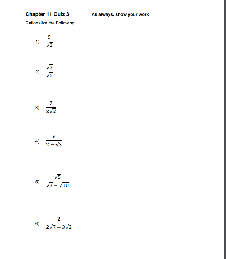 Chapter 11 Quiz 3 As always, Show your work.