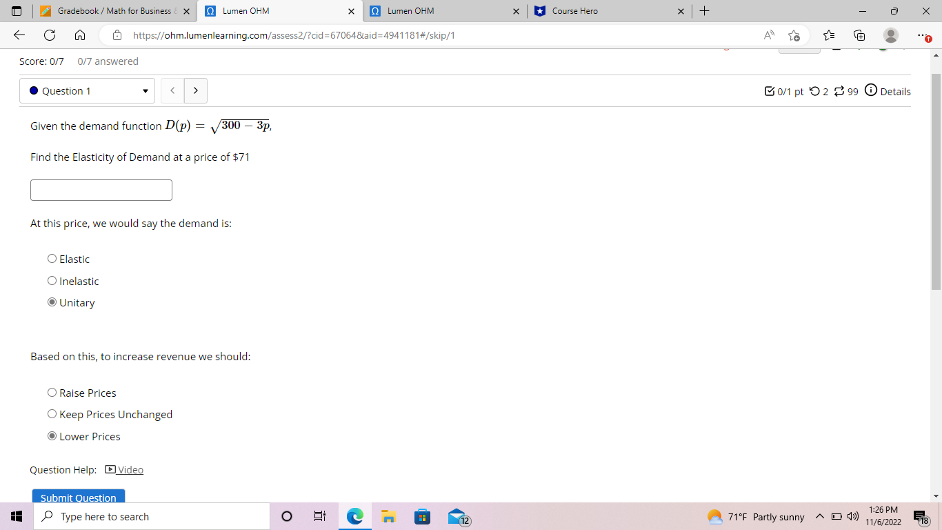 Gradebook / Math for Business & X Q Lumen OHM X Q
