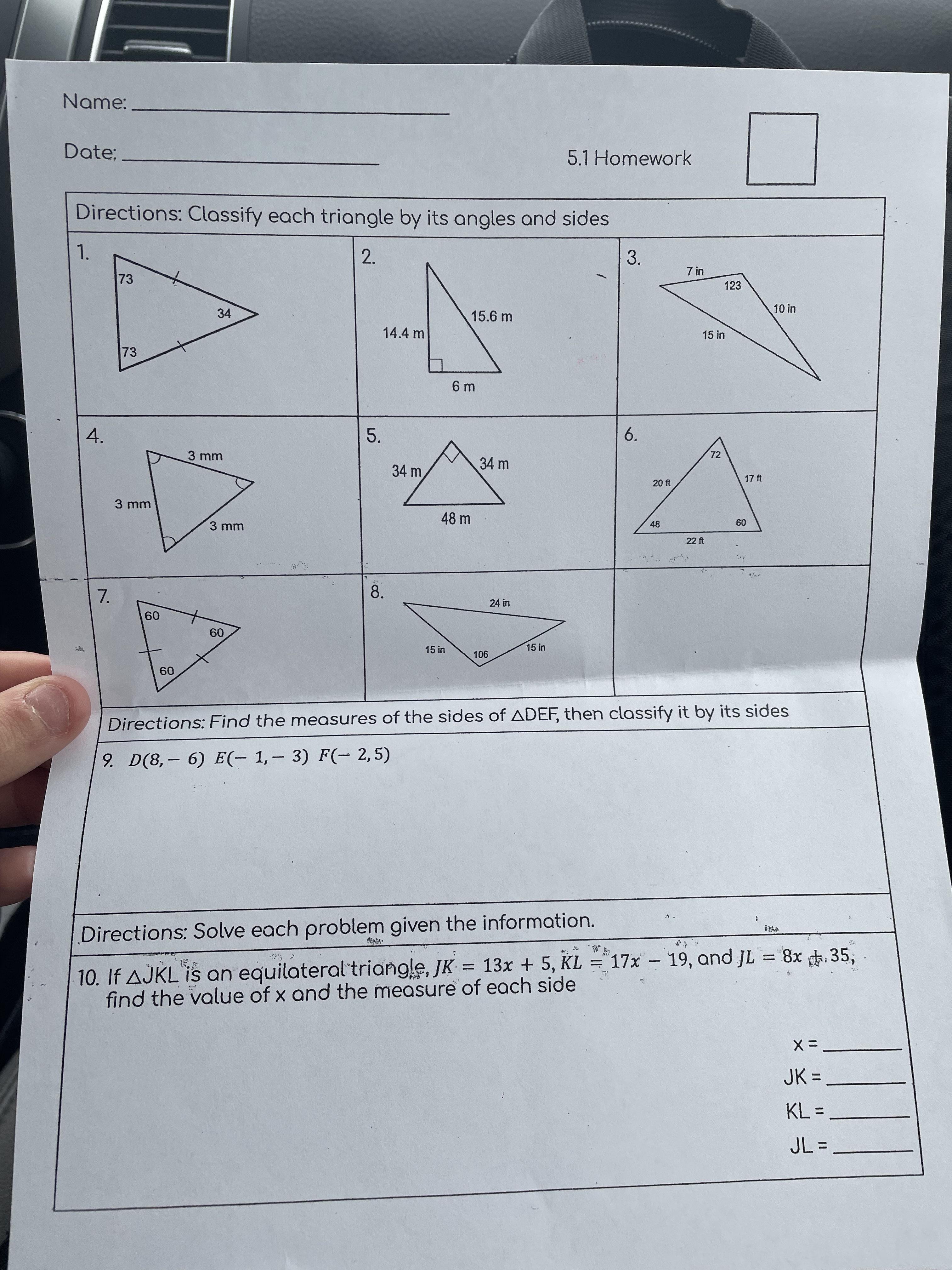 Name: Date: 5.1 Homework Directions: Classify