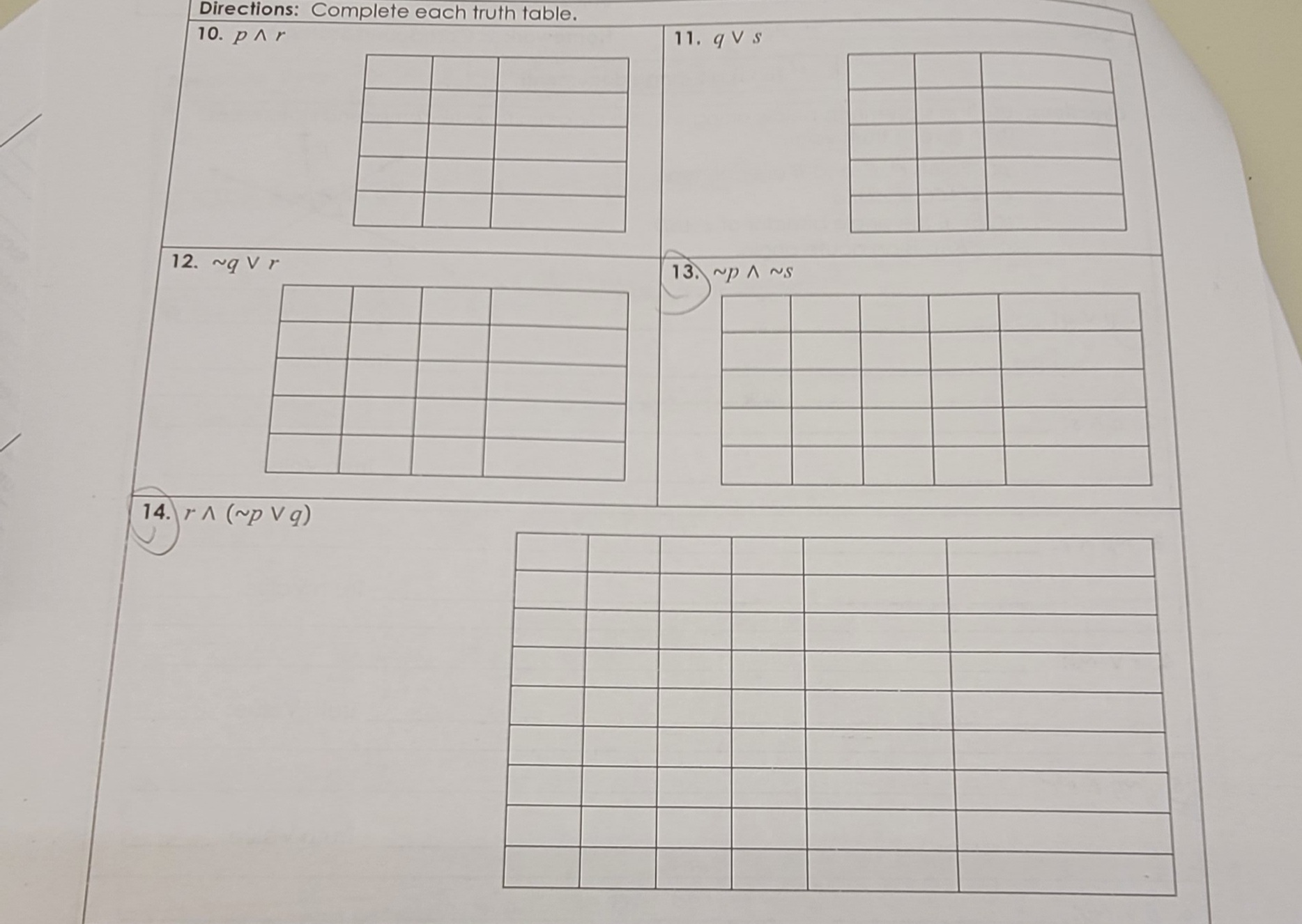 Directions: Complete each truth table. 10. p Ar