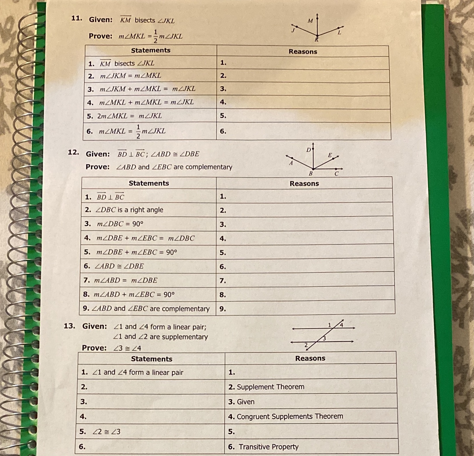 11. Given: KM bisects ZJKL Prove: mZMKL = mZJKL