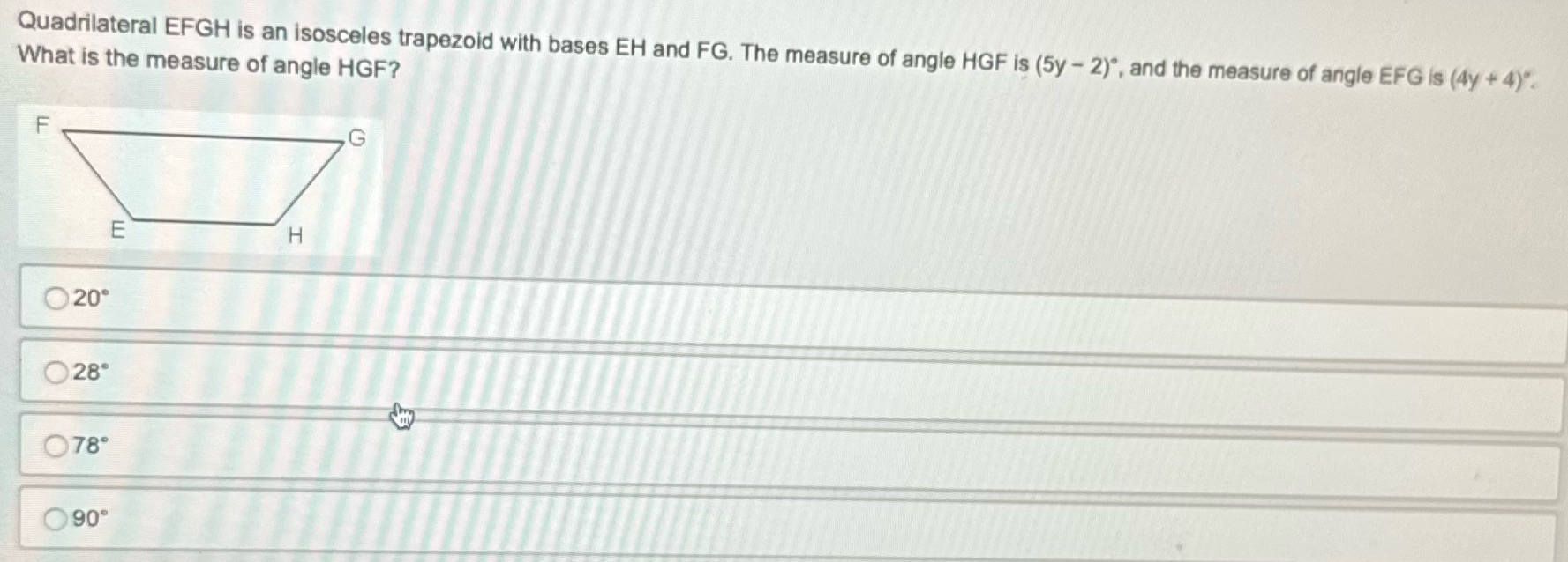What is the measure of angle HGF? Quadrilateral