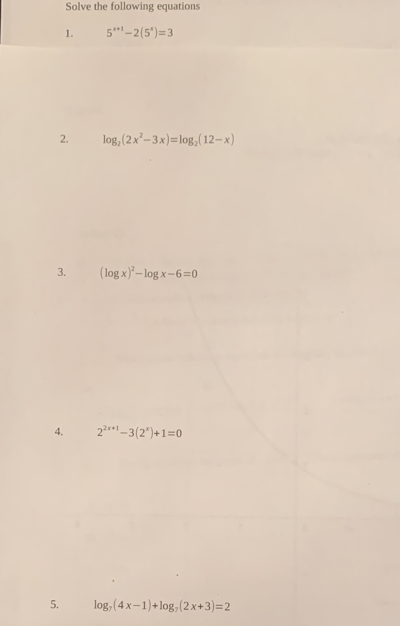 Solve the following equations 1. 5*+1 -2(5* )=3