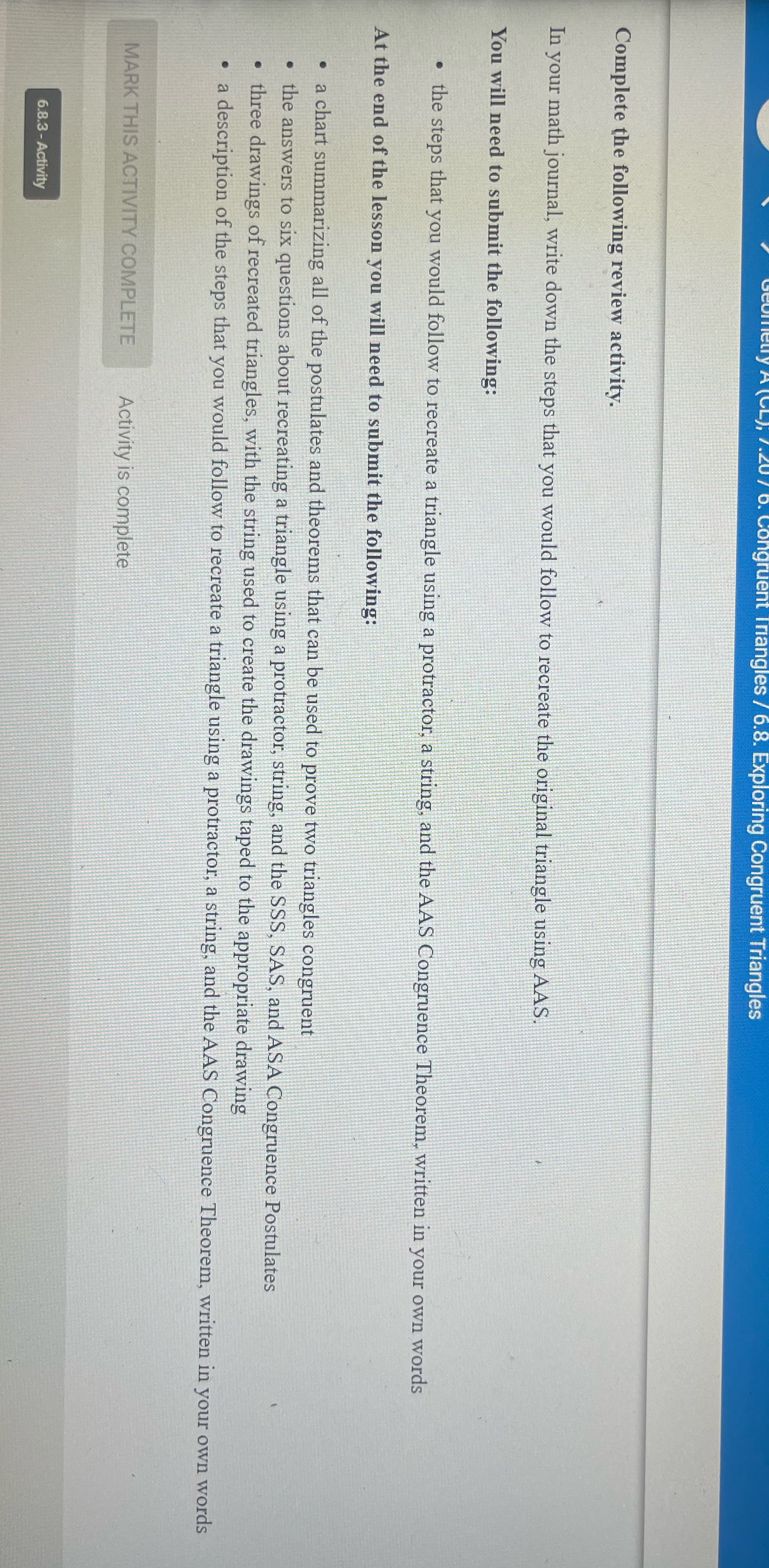 ingruent Triangles / 6.8. Exploring Congruent