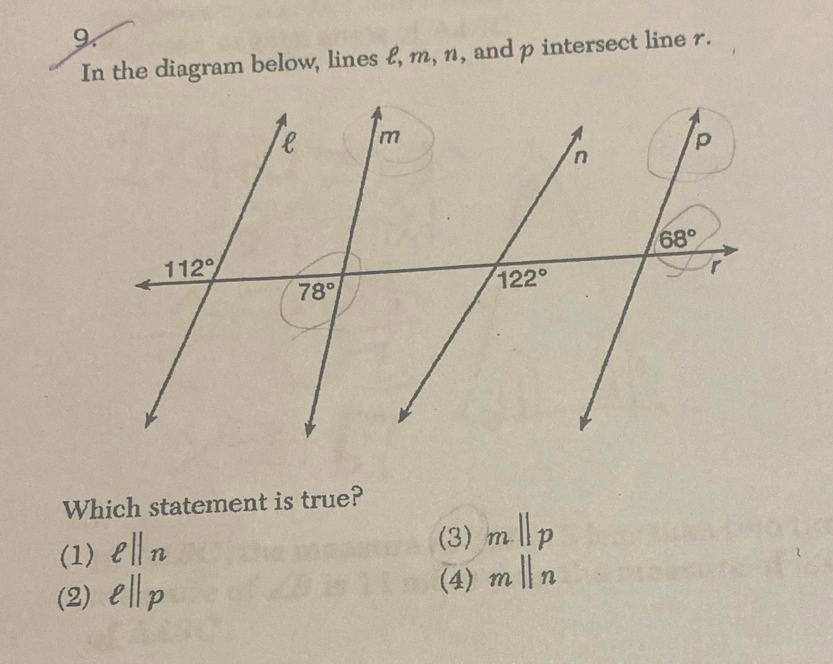 9 In the diagram below, lines &, m, n, and p