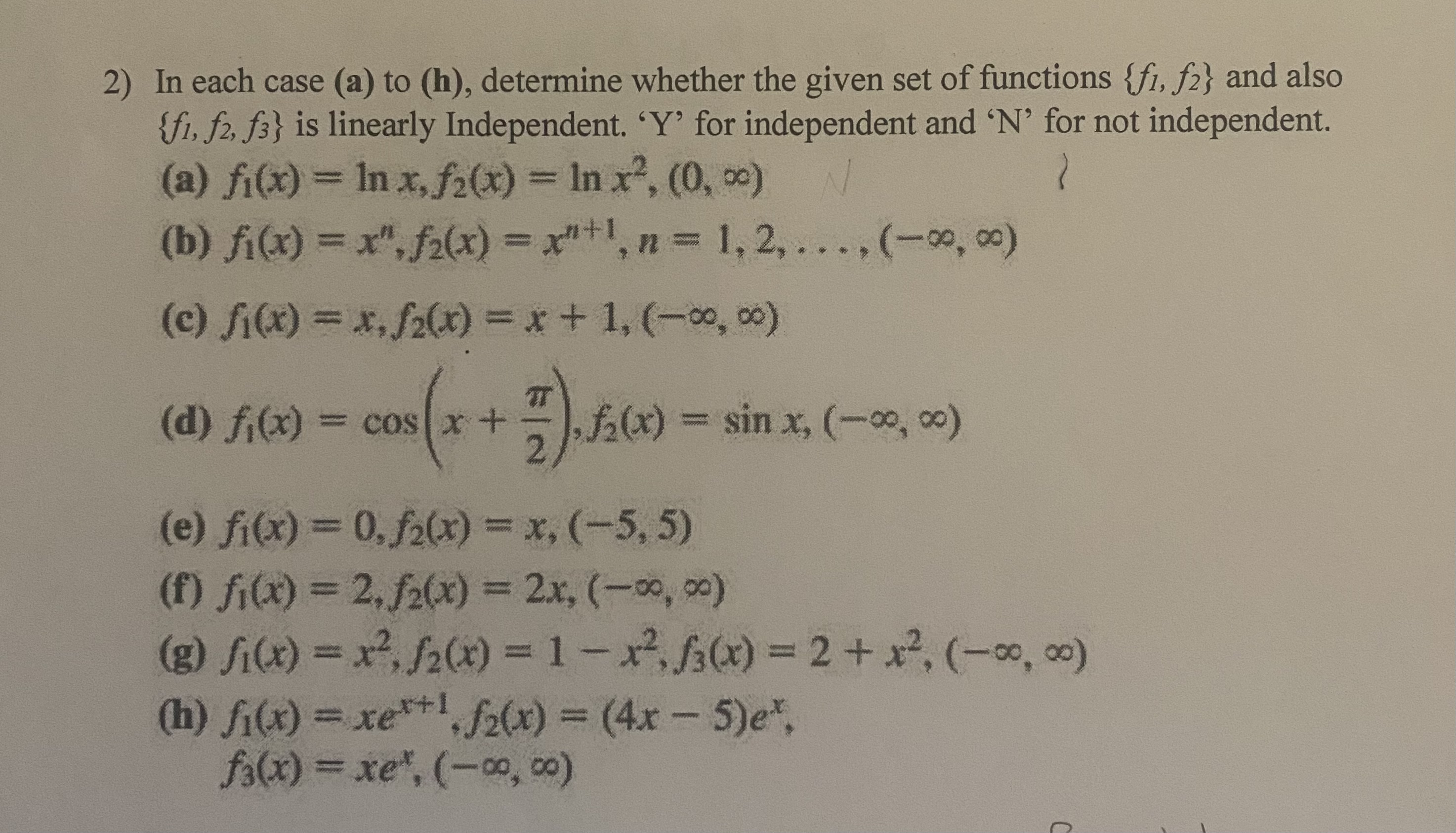 2) In each case (a) to (h), determine whether the