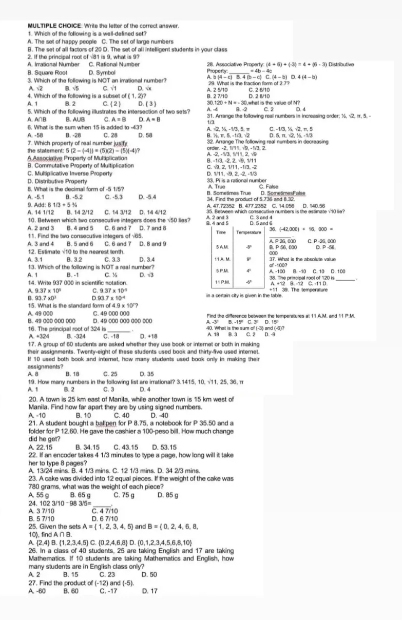 Answer the following: MULTIPLE CHOICE: Write the