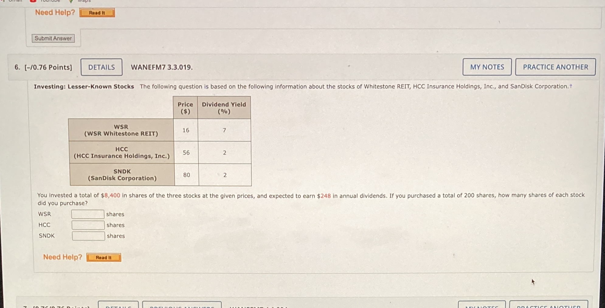 Need Help? Read It Submit Answer 6. [-/0.76
