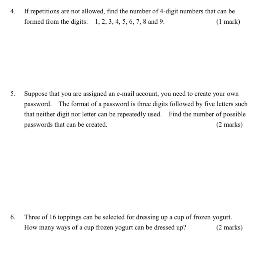 4. If repetitions are not allowed, find the