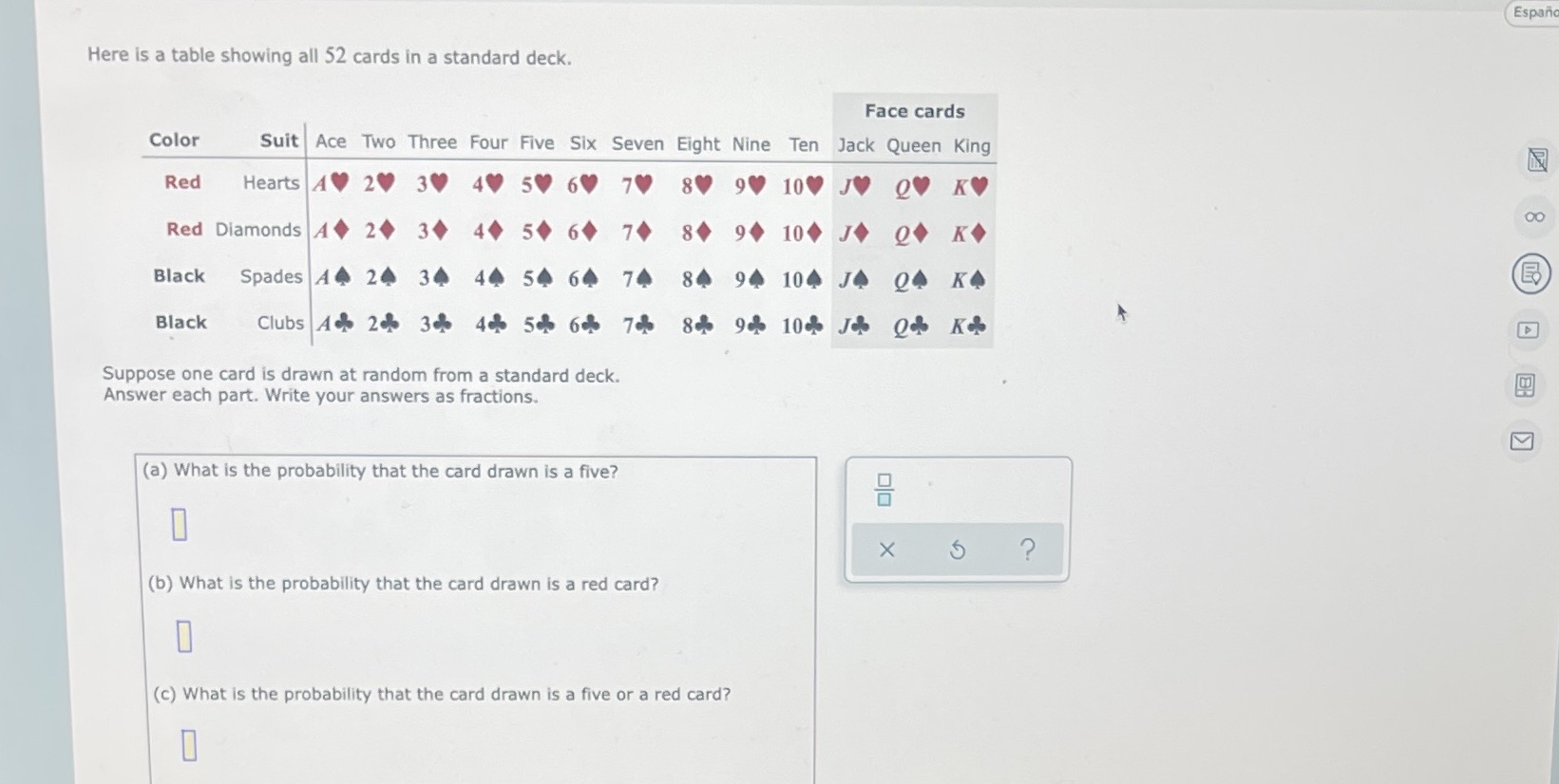 Espana Here is a table showing all 52 cards in a