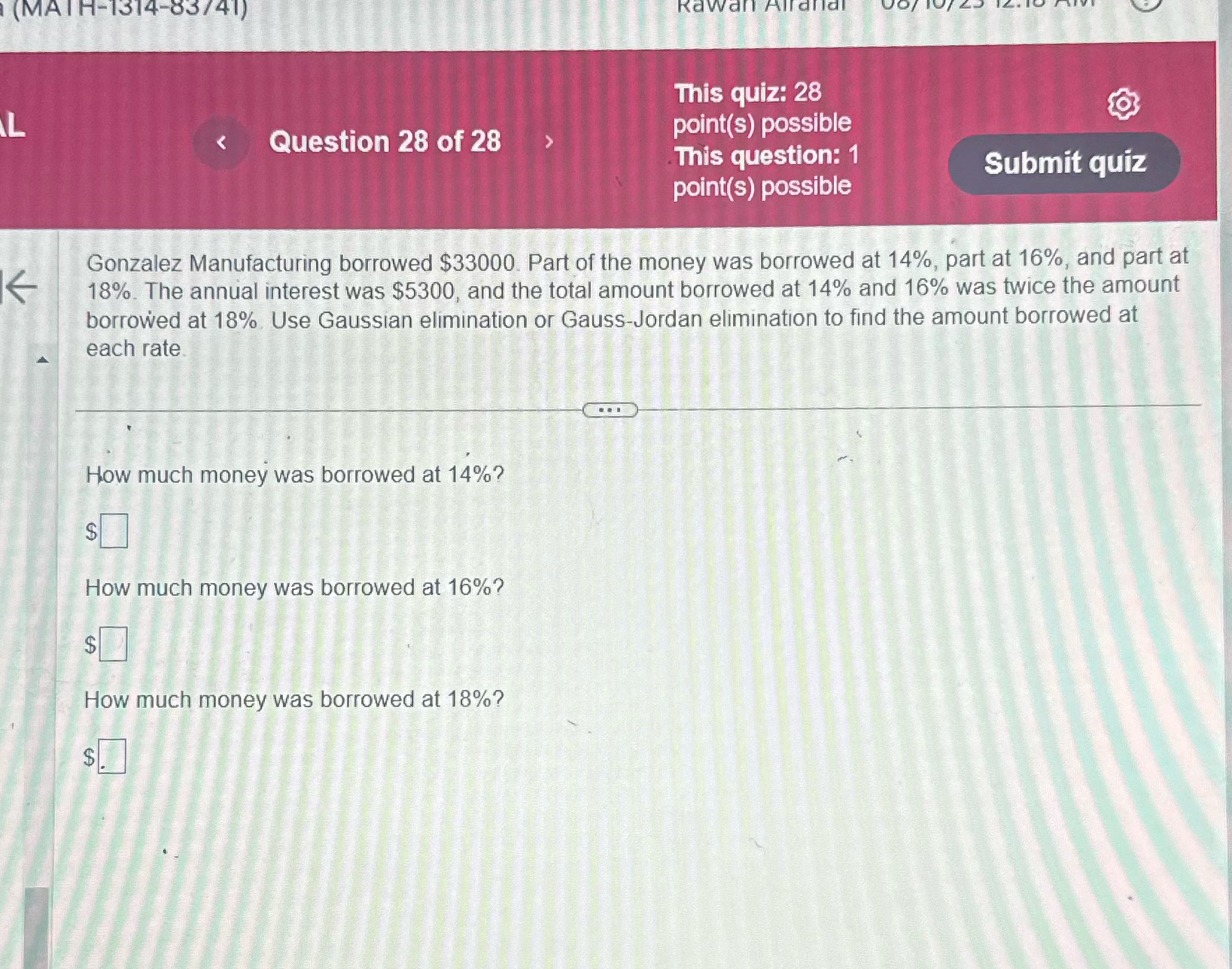 (MATH-1314-83/41) This quiz: 28 L Question 28 of