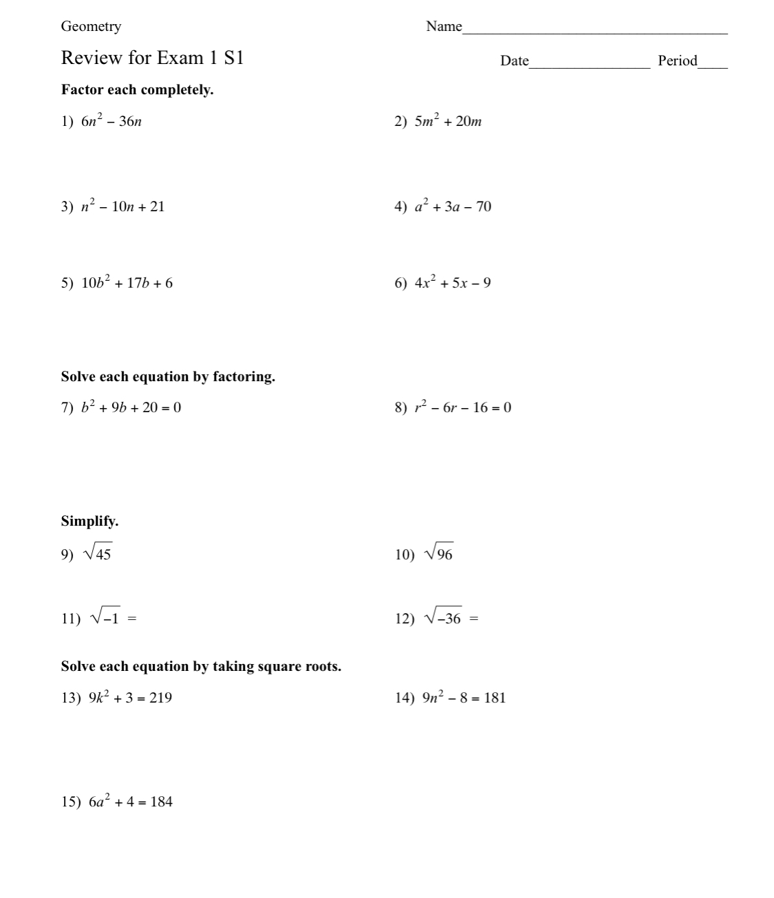 Geometry Name Review for Exam 1 S] Date Factor