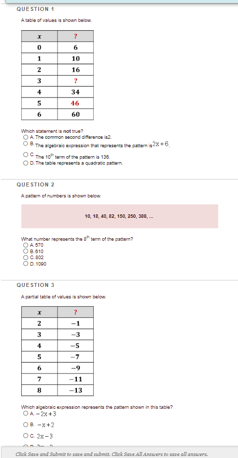 QUESTION 1 A table of values is shown below. x ?