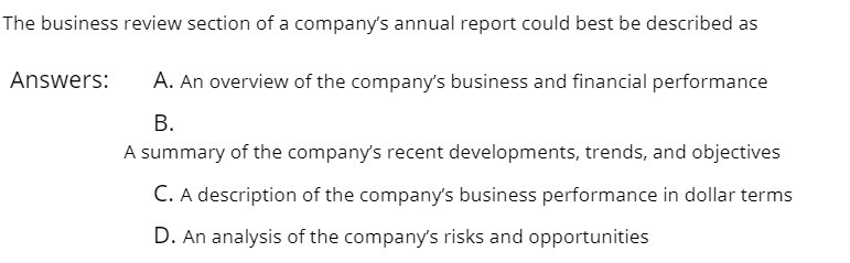 The business review section of a company's