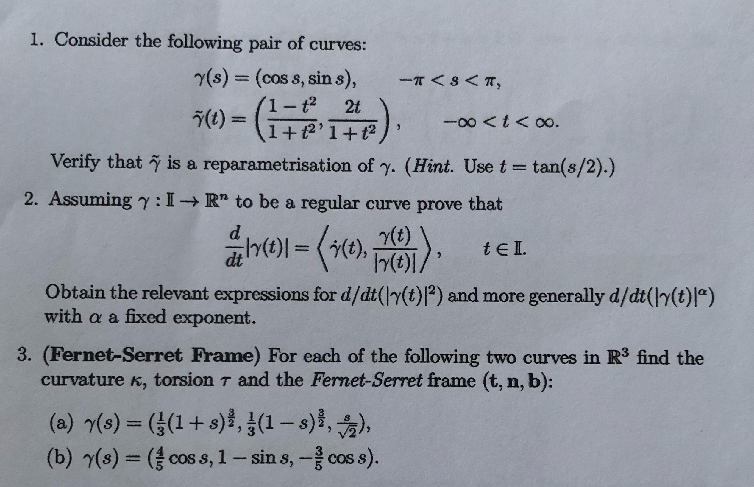 1. Consider the following pair of curves: y(s) =