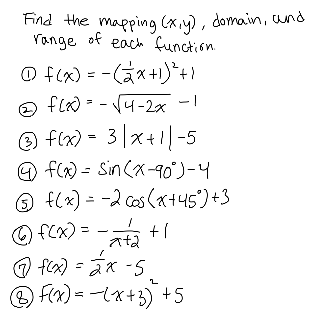 Find the mapping ( x,y ) , domain , and range of