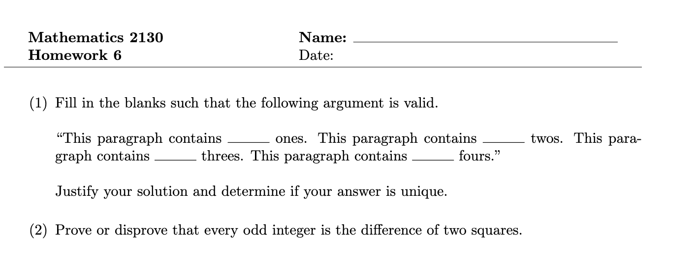 Mathematics 2130 Name: Homework 6 Date: (1) Fill