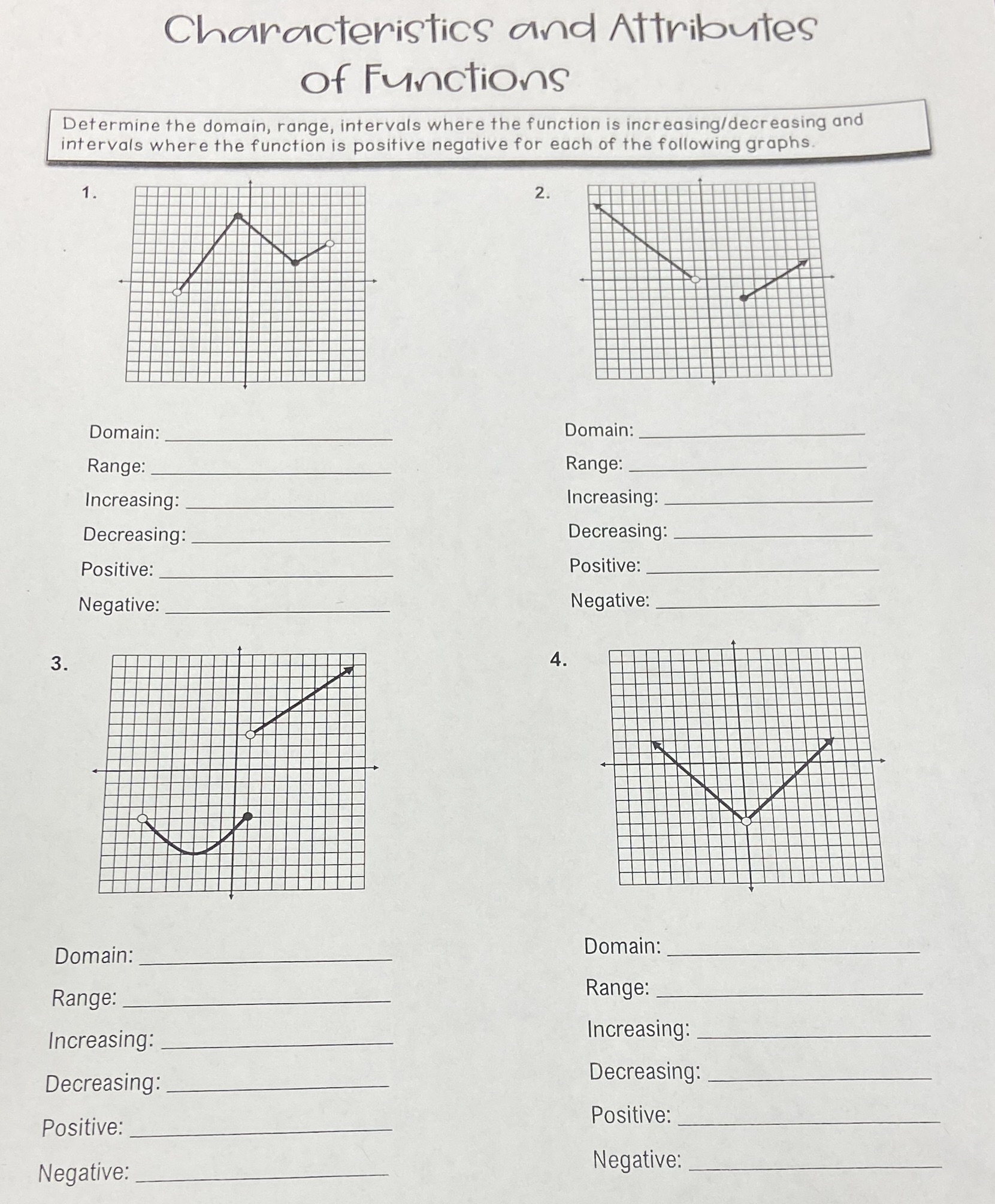 Determine the domain, range, intervals where the