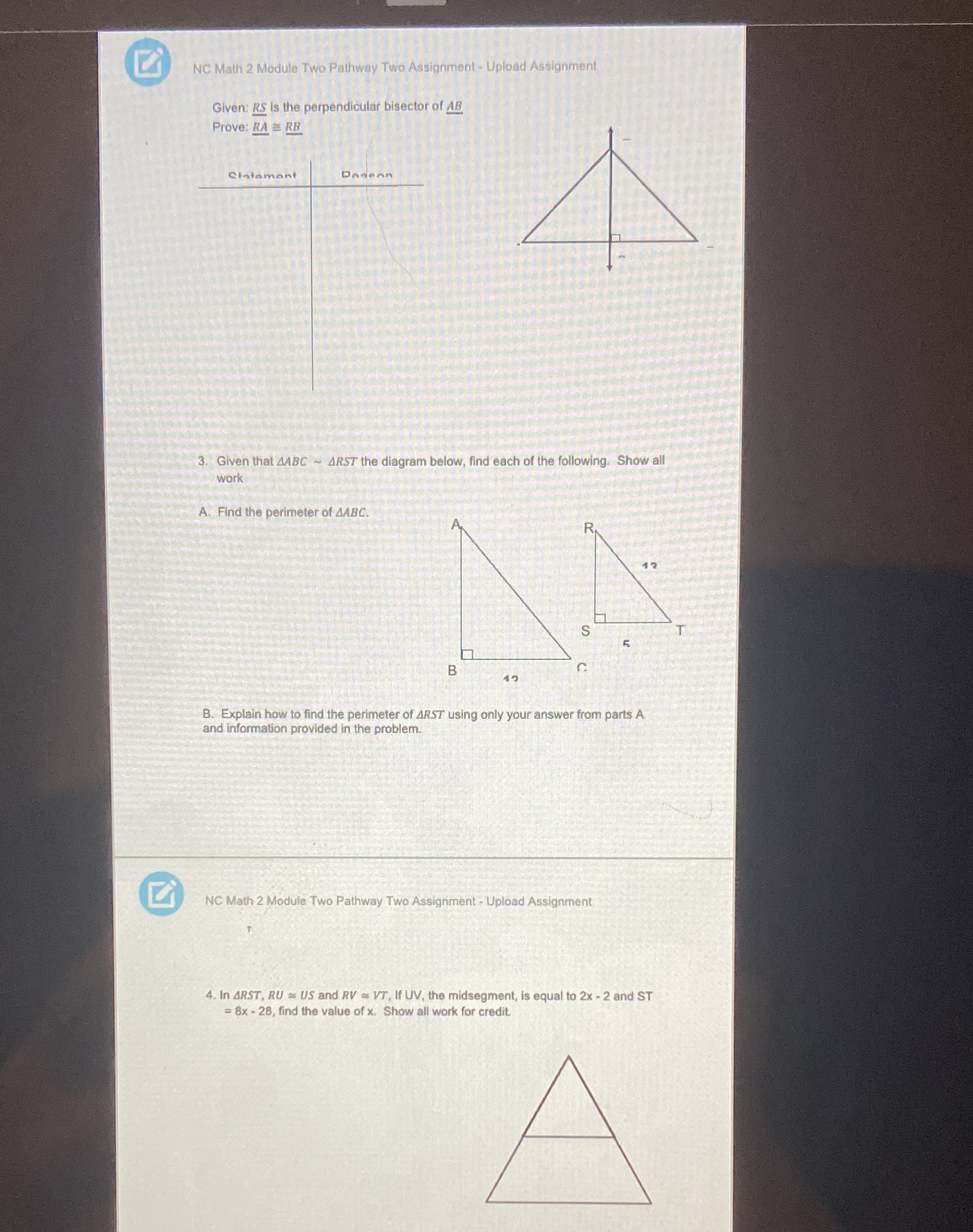 Show all work please NC Math 2 Module Two Pathway