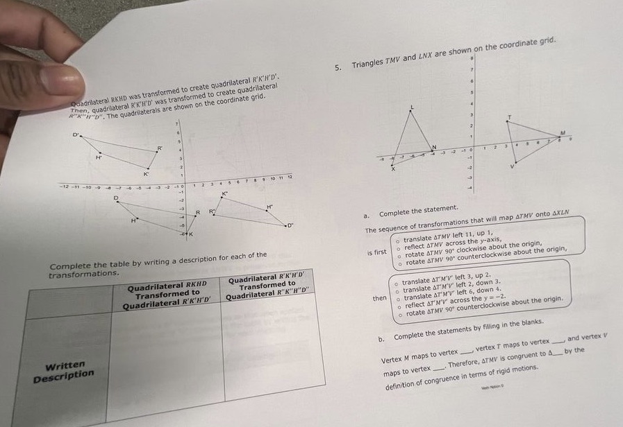 5. Triangles TMV and LNX are shown on the