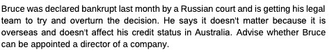 Bruce was declared bankrupt last month by a
