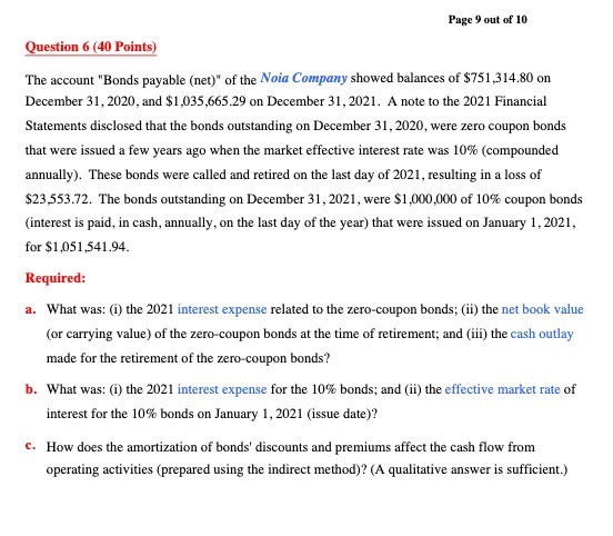 Page 9 out of 10 Question 6 (40 Points) The