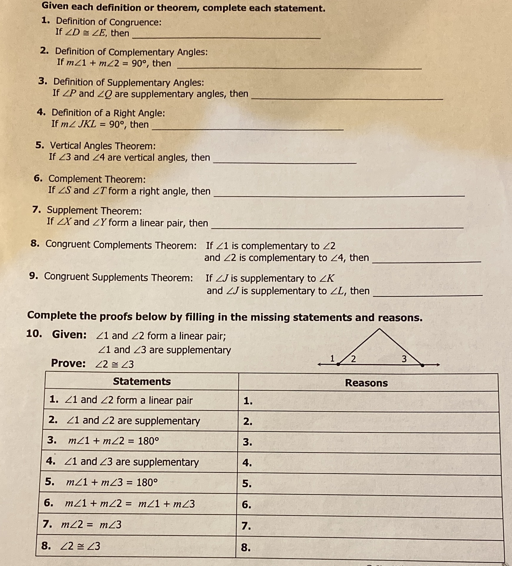 Given each definition or theorem, complete each