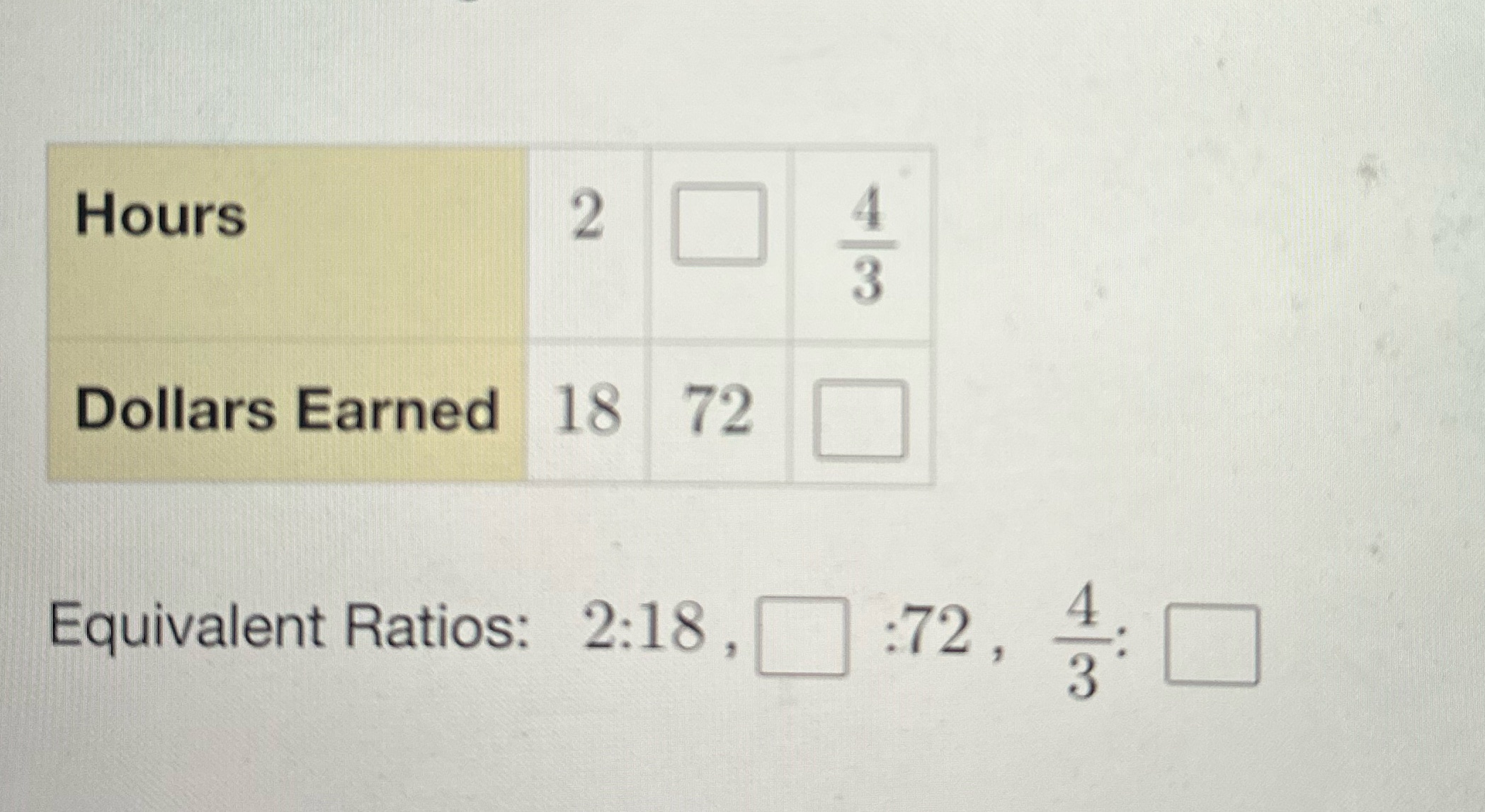Find the missing values in the ratio table. Then
