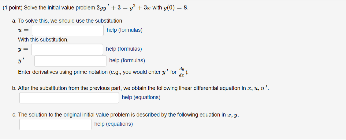 (1 point) Solve the initial value problem 2yy' +