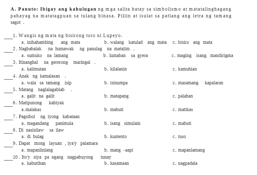 A. Panuto: Ibigay ang kahulugan ng mga salita