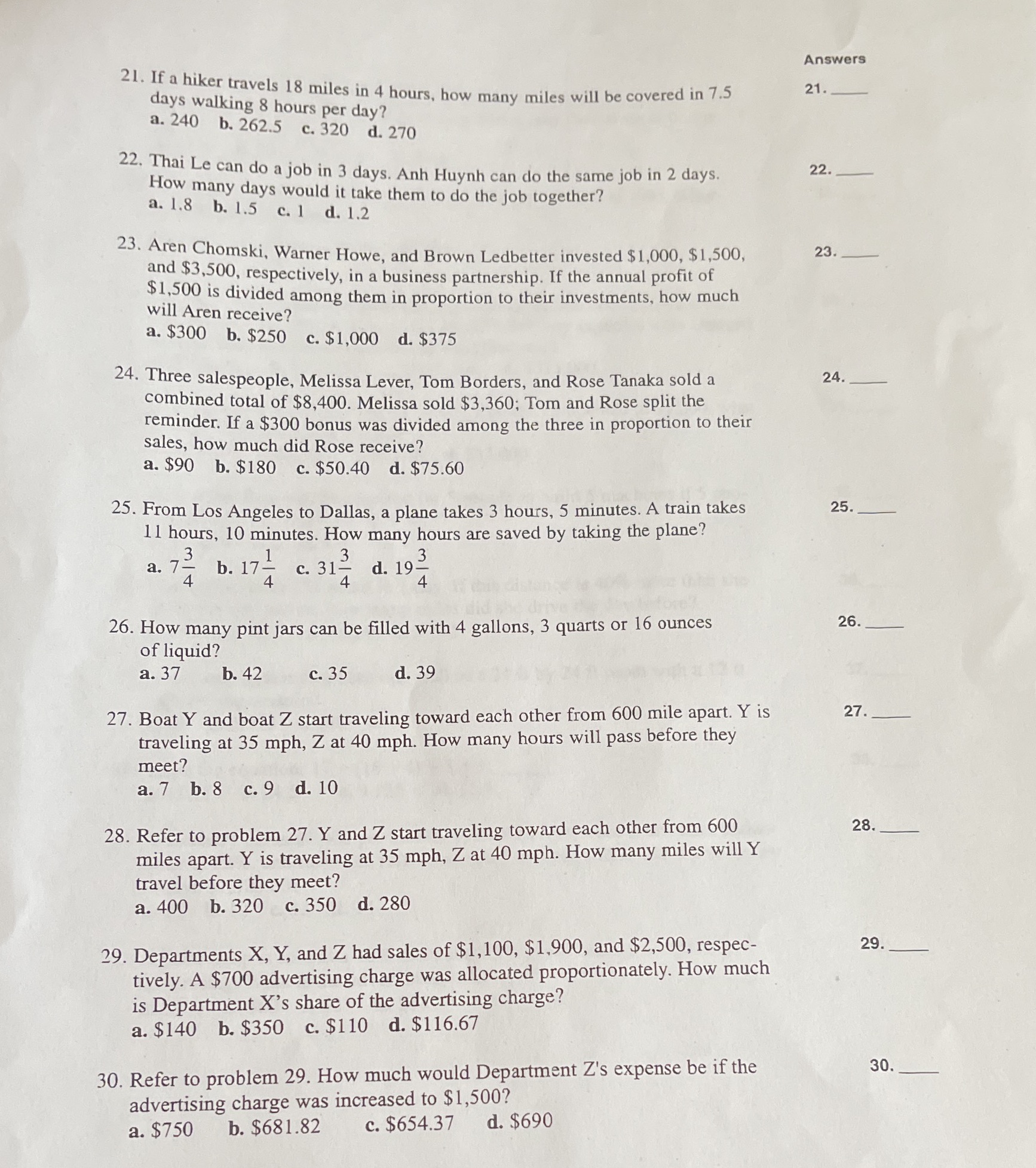 Answers 21. If a hiker travels 18 miles in 4