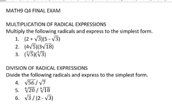 MATH9 Q4 FINAL EXAM MULTIPLICATION OF RADICAL