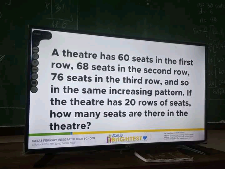 A theatre has 60 seats in the first row, 68 seats
