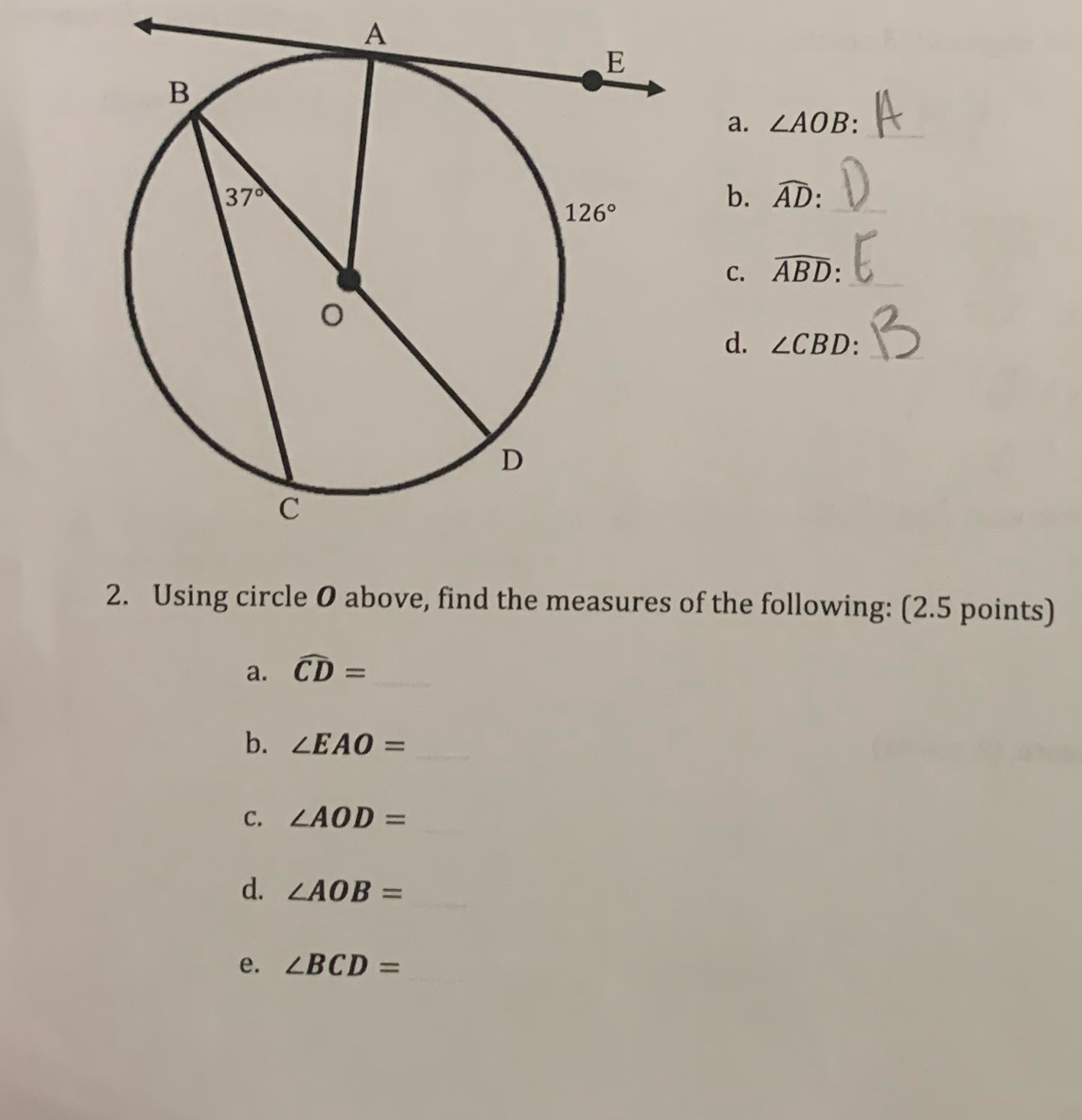 A B a. LAOB: A 370 1260 b. AD: D C. ABD: O d.