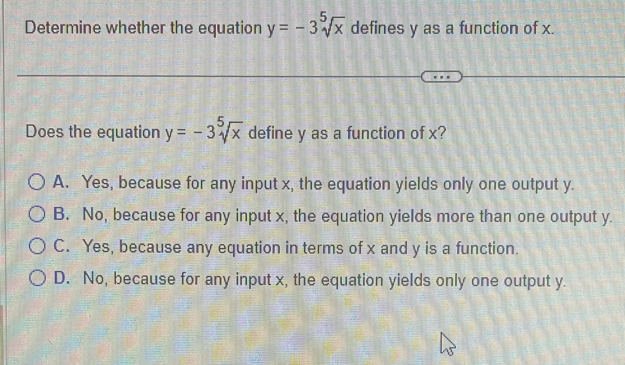 Determine whether the equation v= - 3 -/x defines