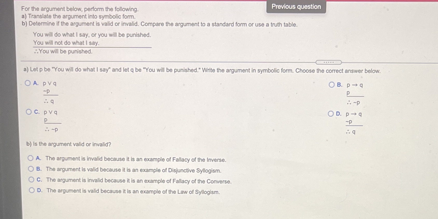Previous question For the argument below, perform