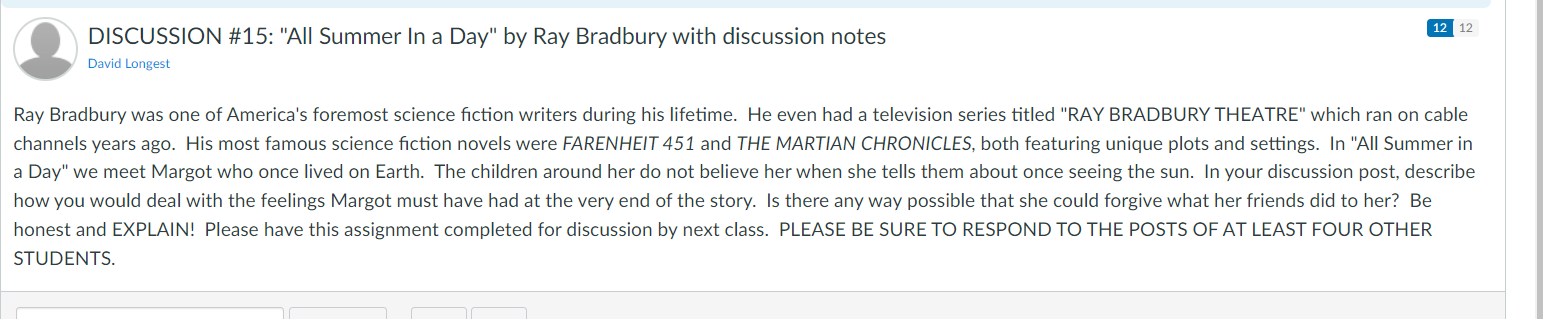 ; DISCUSSION #15: "All Summer In a Day" by Ray