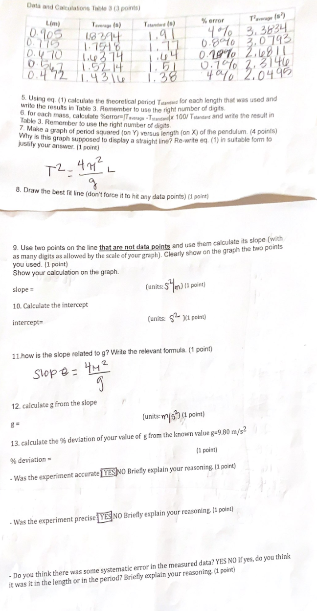 Data and Calculations Table 3 (3 points) L(m)