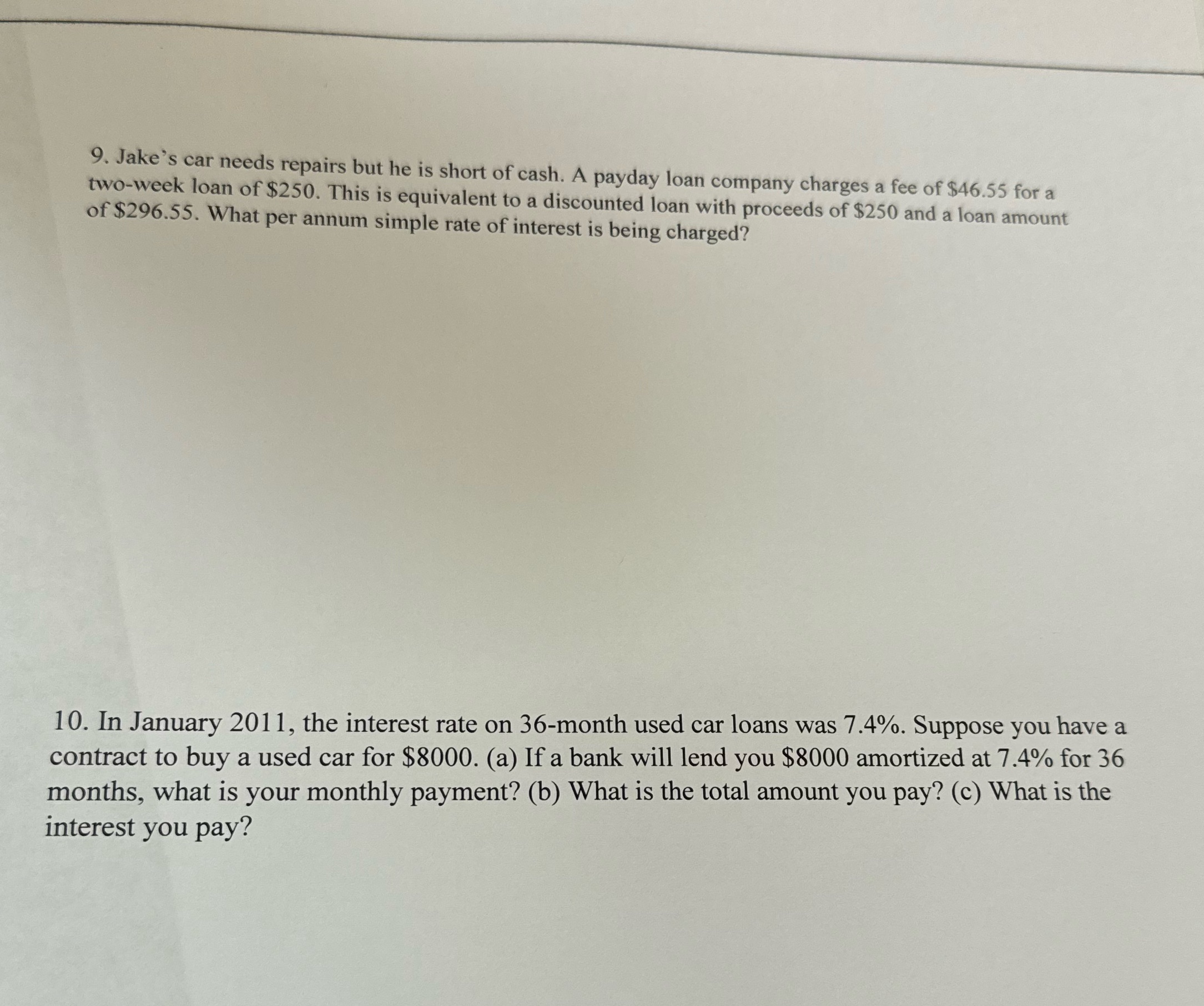 Solve 9. Jake's car needs repairs but he is