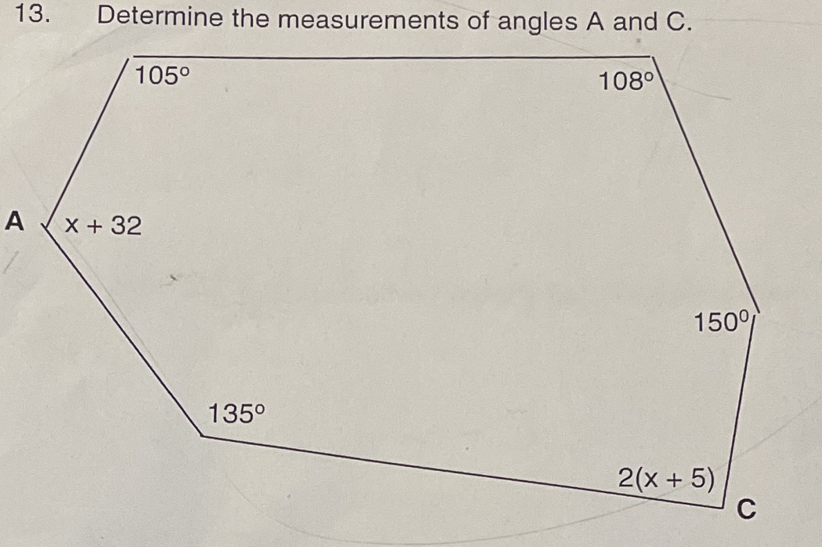 13. Determine the measurements of angles A and C.