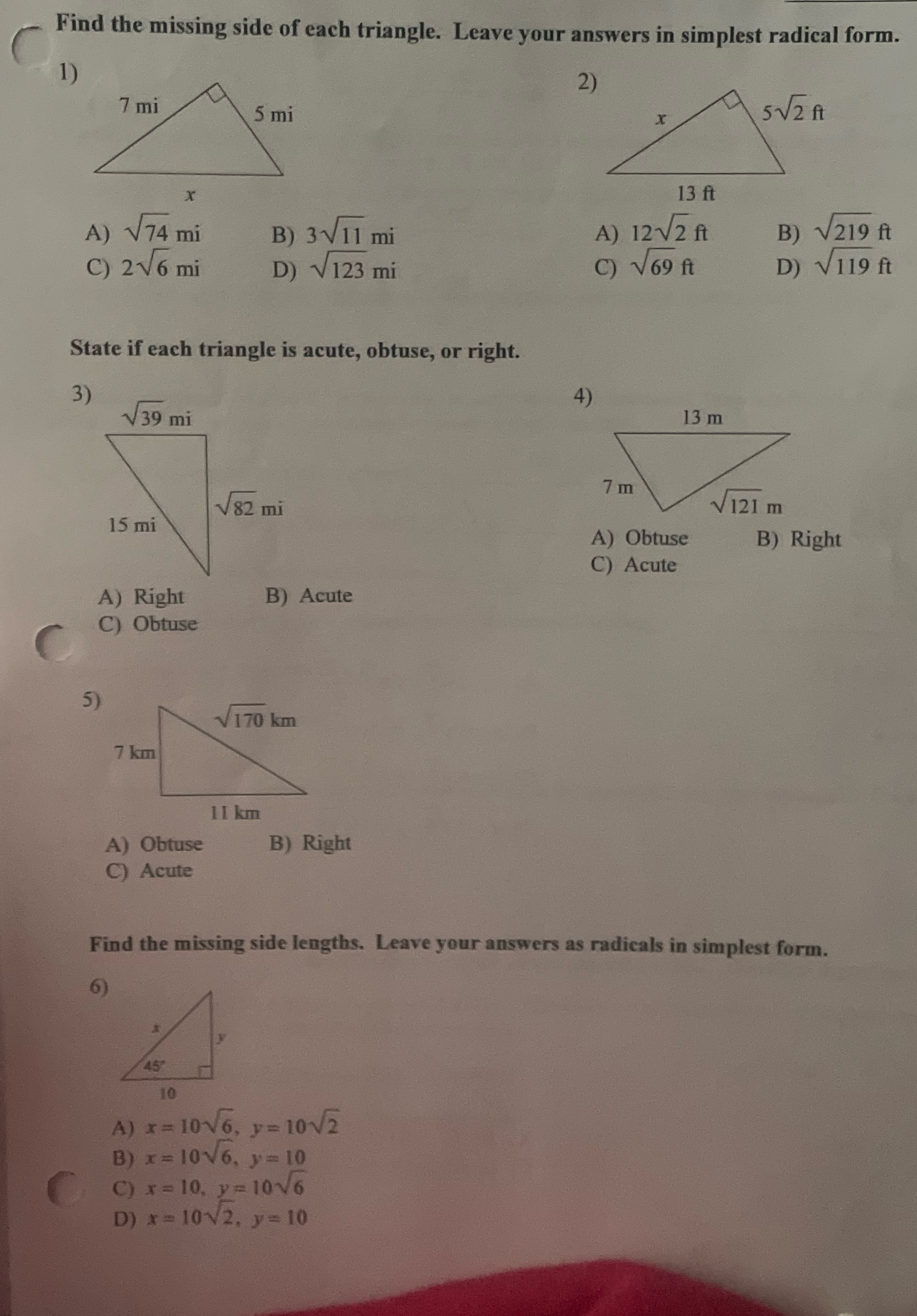 Find the missing side of each triangle. Leave