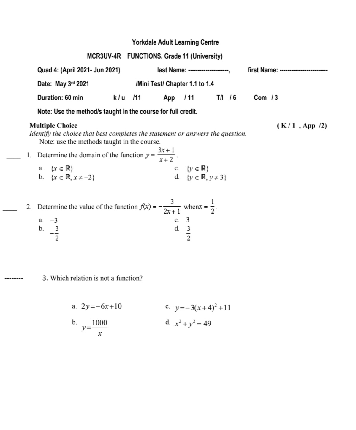 Yorkdale Adult Learning Centre MCR3UV-4R