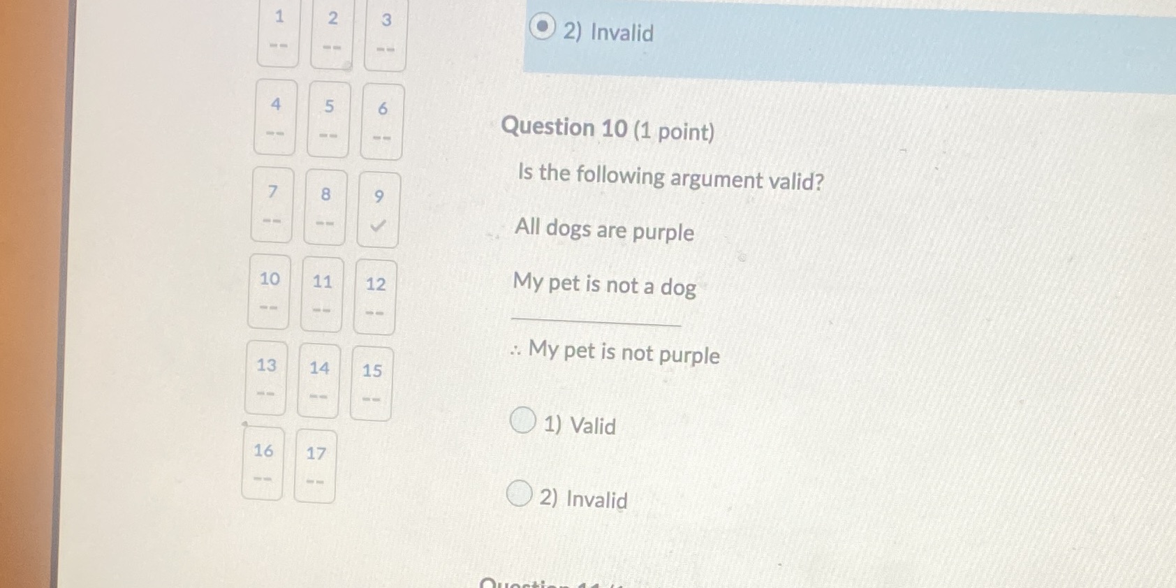 N 3 2) Invalid 4 5 6 Question 10 (1 point) Is the