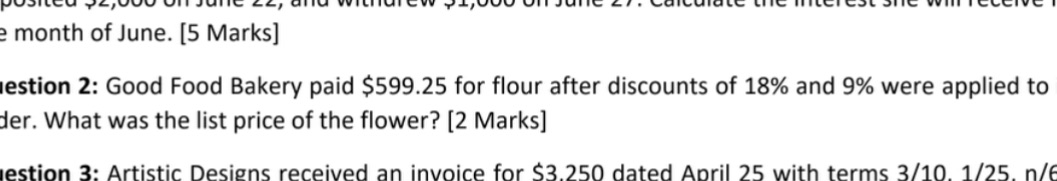 month of June. [5 Marks] estion 2: Good Food