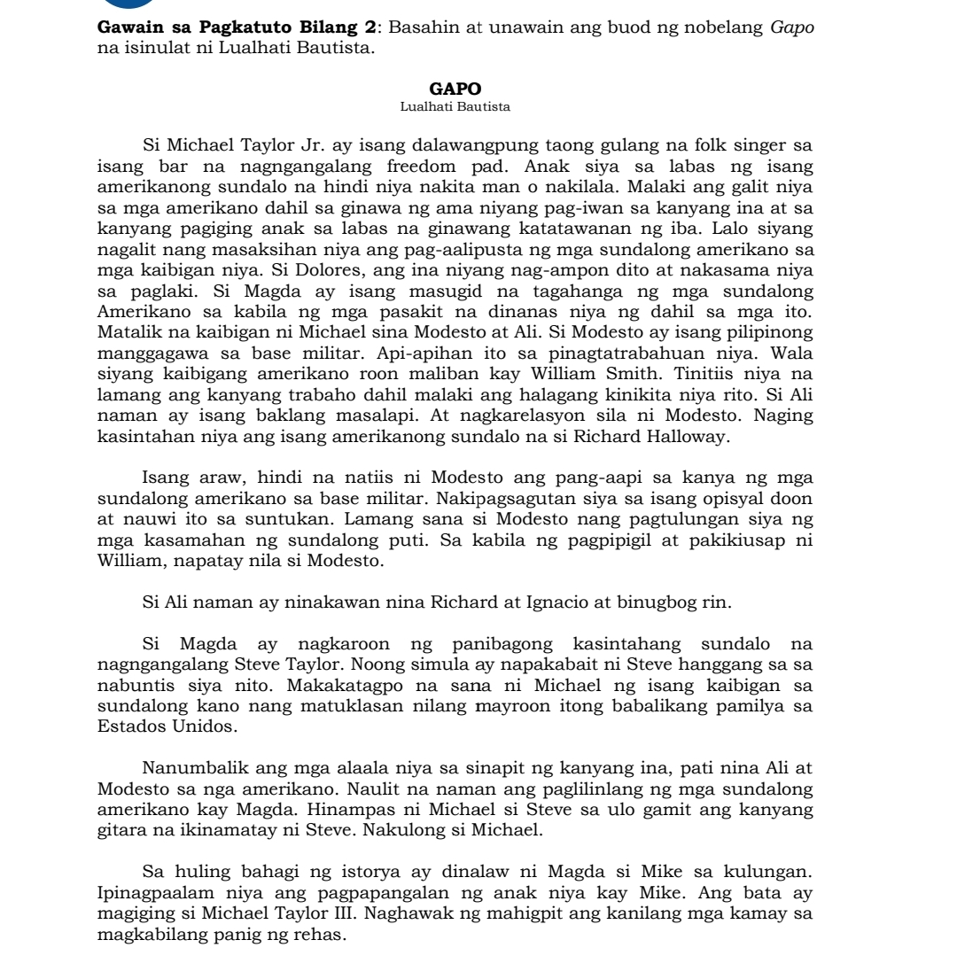 Gawain sa Pagkatuto Bilang 2: Basahin at unawain