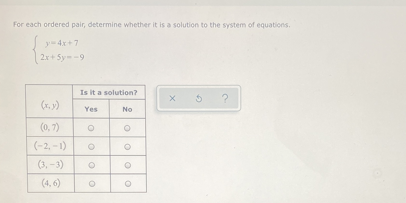 For each ordered pair, determine whether it is a